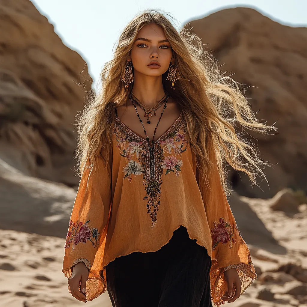 Desert Style Holiday Bohemian Vintage Linen Casual Top