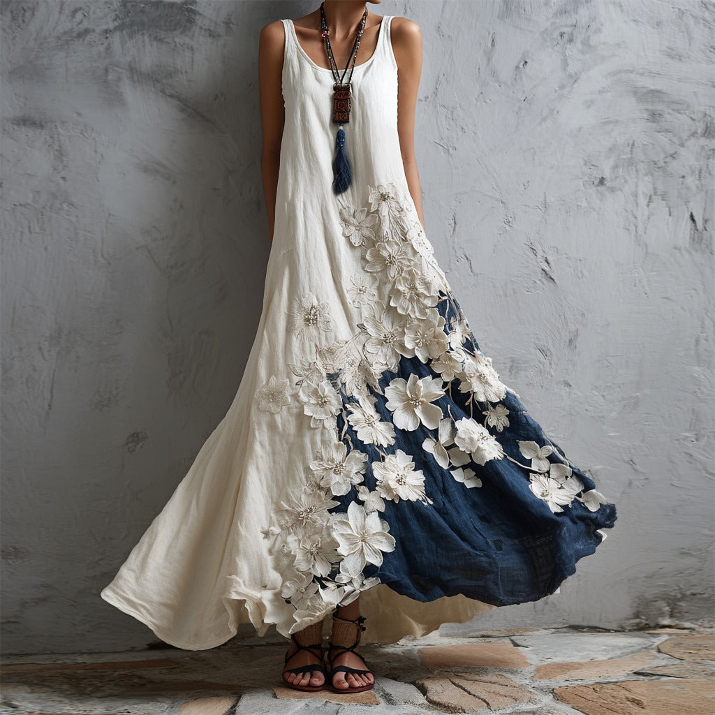 Women's Vintage Japanese Cherry Blossom Embroidered Casual Sleeveless Linen Long Dress