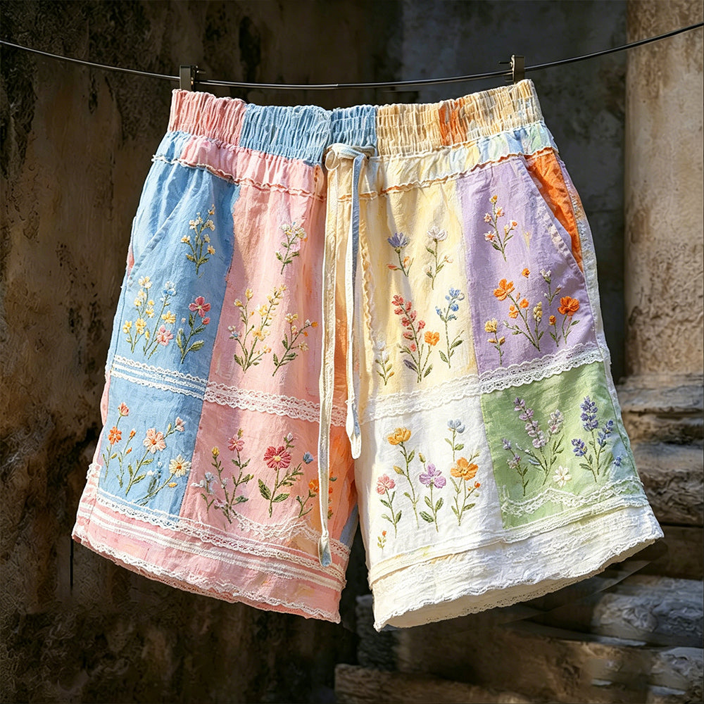 Women's Colorful Floral And Lace Art Embroidery Spliced Comfortable Linen Blend Casual Shorts