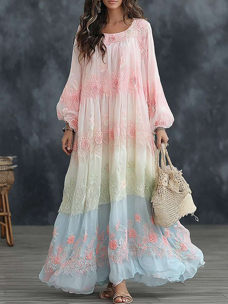Women's Floral Art Embroidered Linen Blend Round Neck Long Sleeve Dress