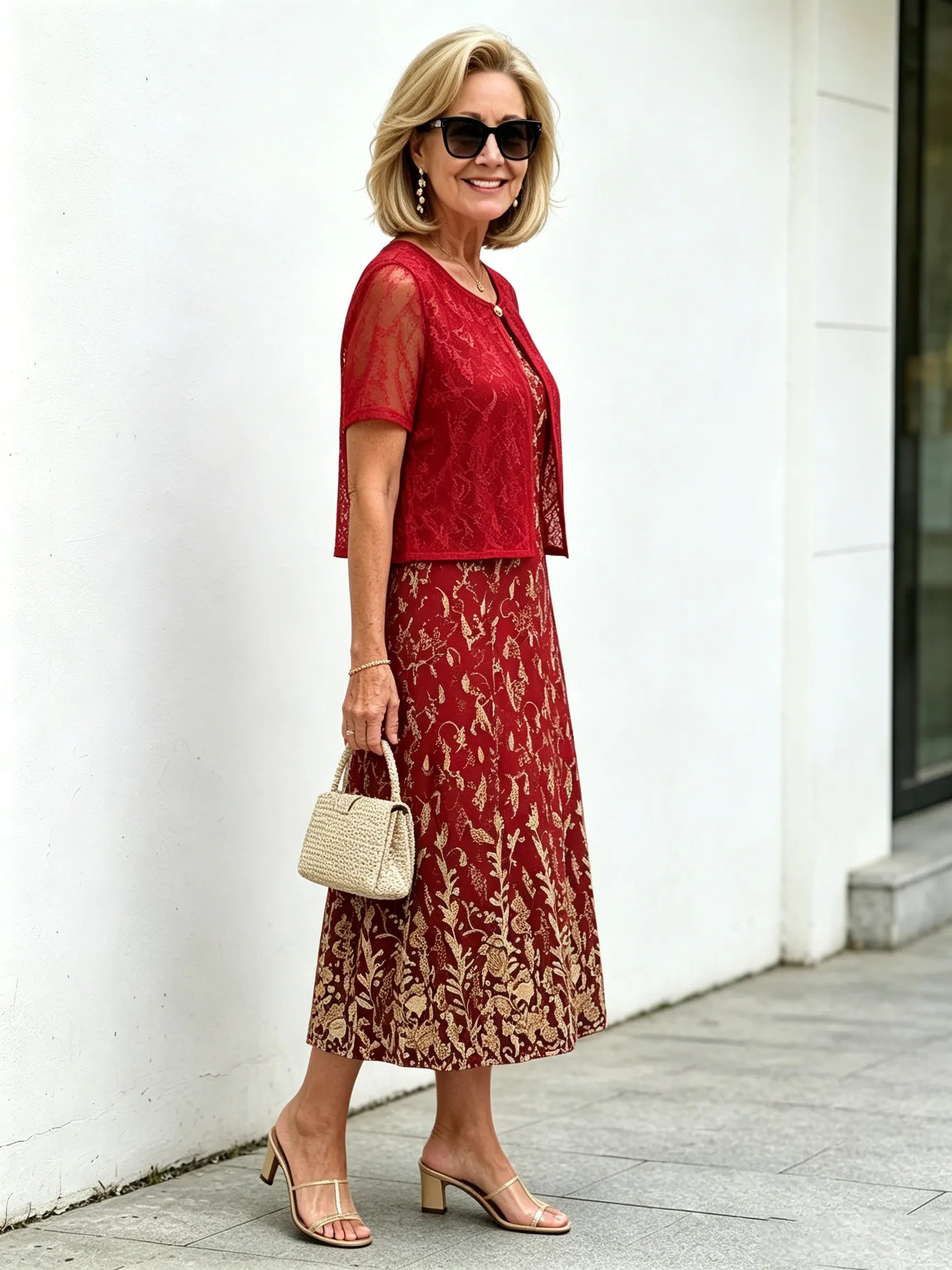 Red Gold Floral Lace Fake Two-Piece Midi Dress, Round Neck Short Sleeve Slimming Elegant Dress for Elderly Women