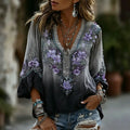 Classy Gradient Purple Lavender And Floral Art Linen Blend Loose Three-quarter Sleeve Shirt