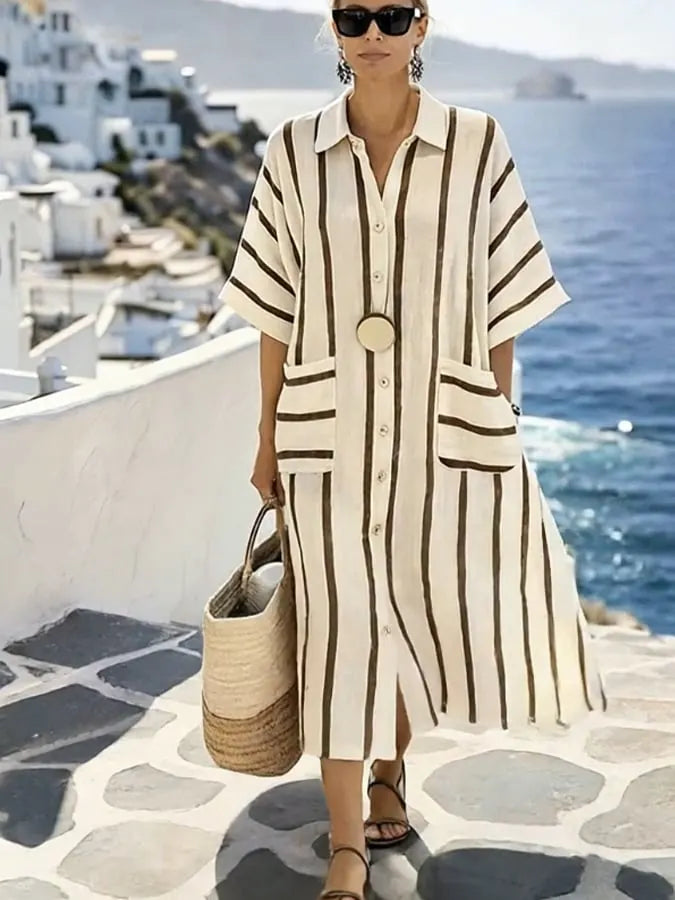 Women'S Casual Color-Block Cotton And Linen Dress