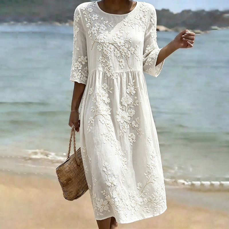 Women's Japanese Sakura Print Crew Neck Midi Dress