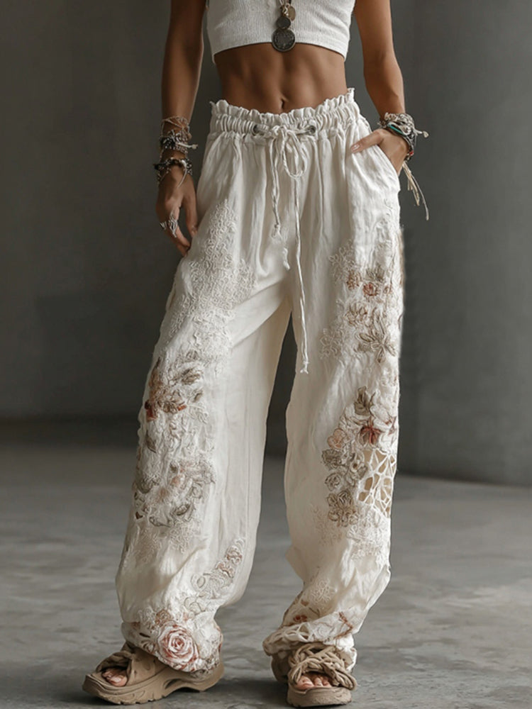 Japanese Floral Art Embroidered Casual Linen Pants
