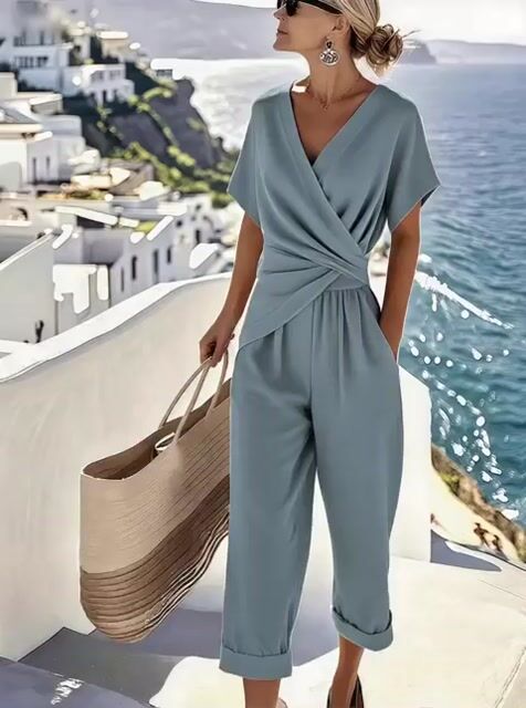 Women's Summer Cross-Neck Pleated Suit