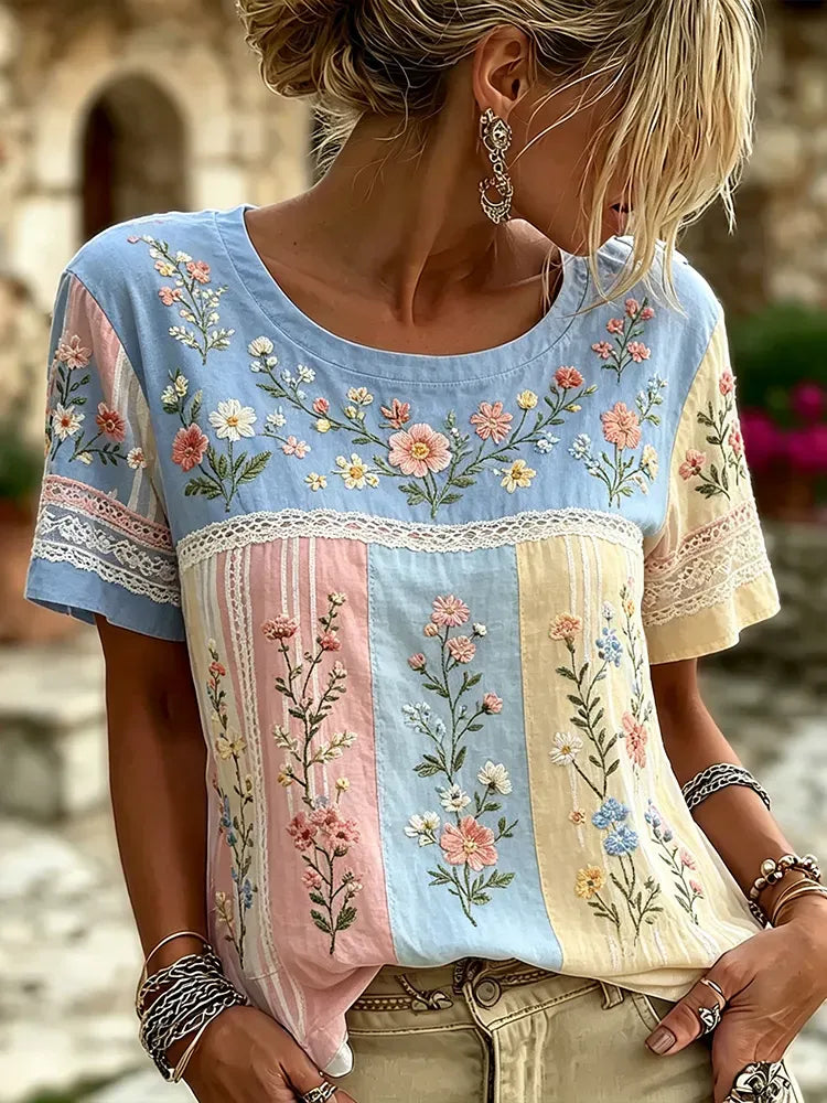 Women's casual floral print cotton and linen round neck top