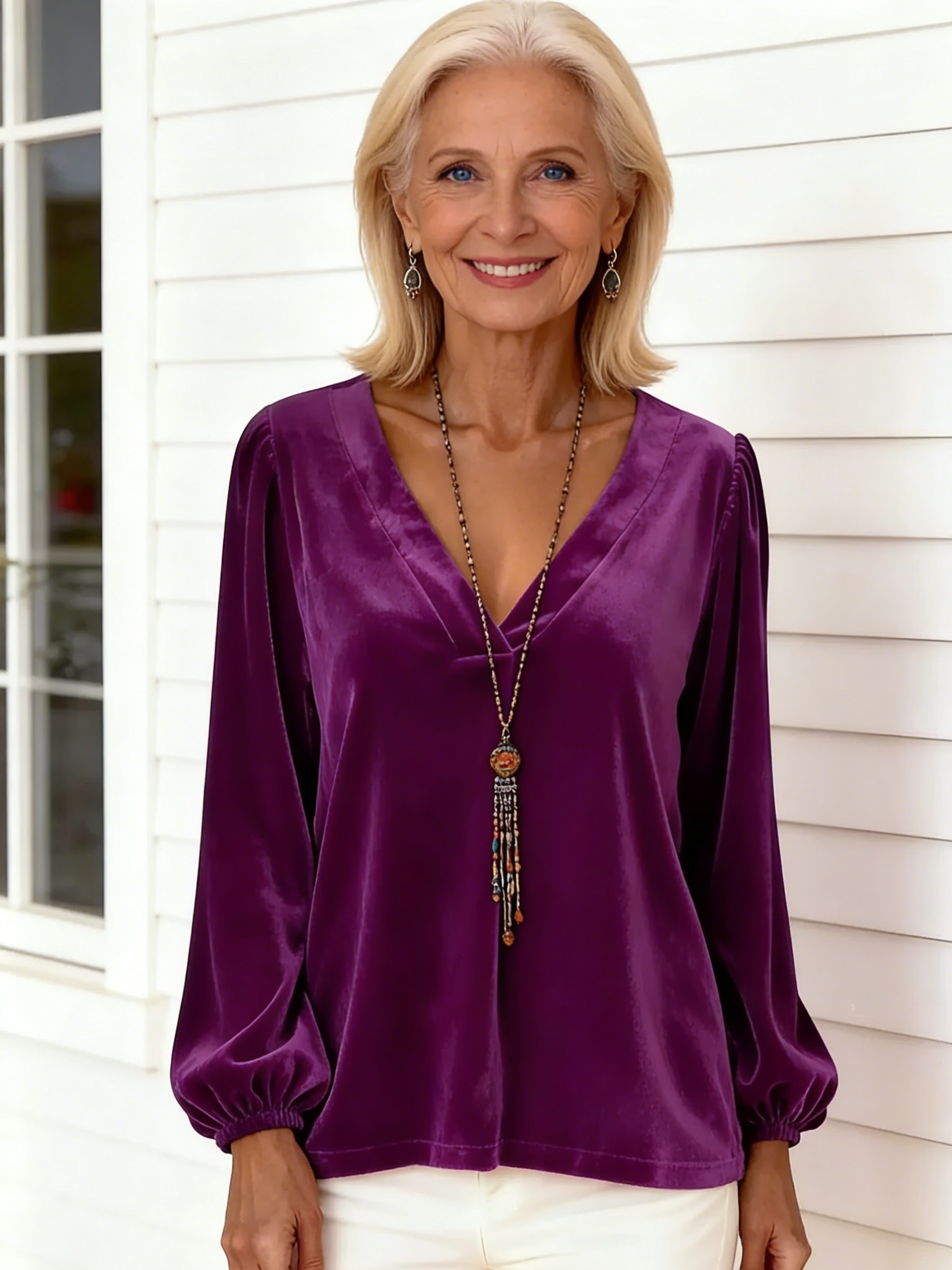 Golden Velvet V-Neck Temperament Light Luxury Lantern Sleeve T-Shirt Women's Top