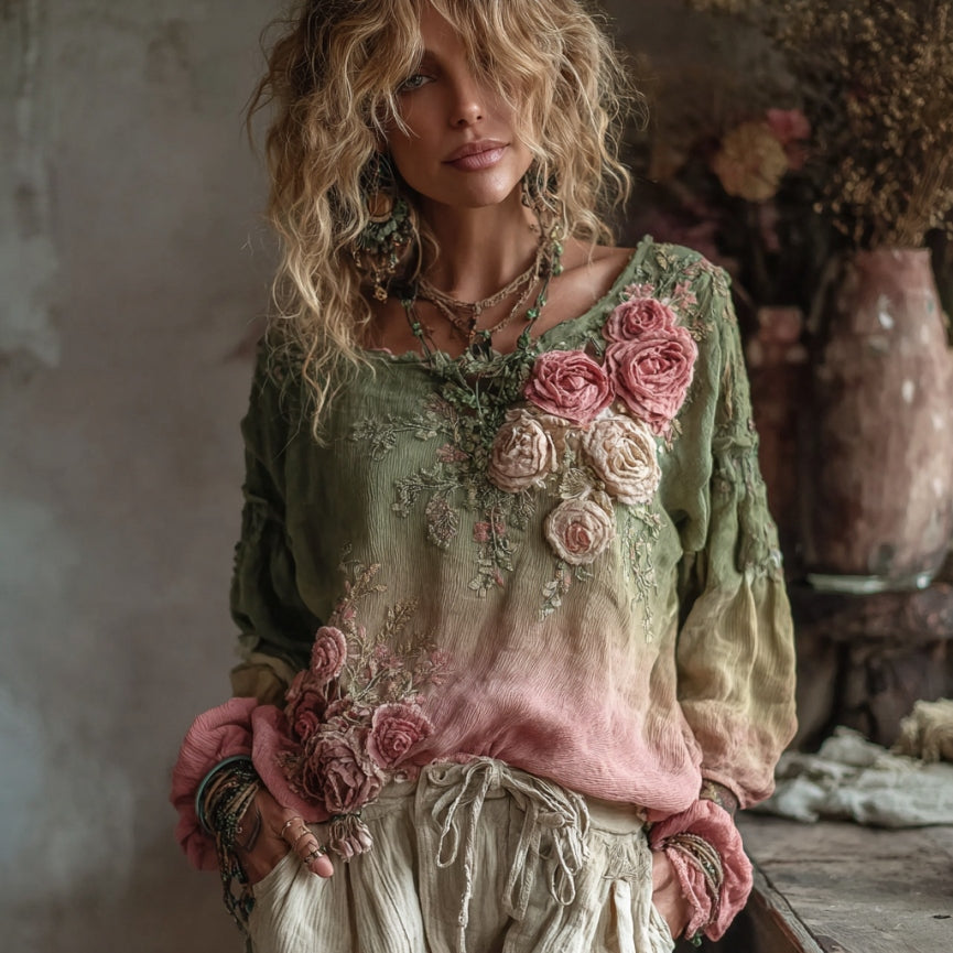 Women's Rose Embroidery Art Long Sleeve Loose T-shirt