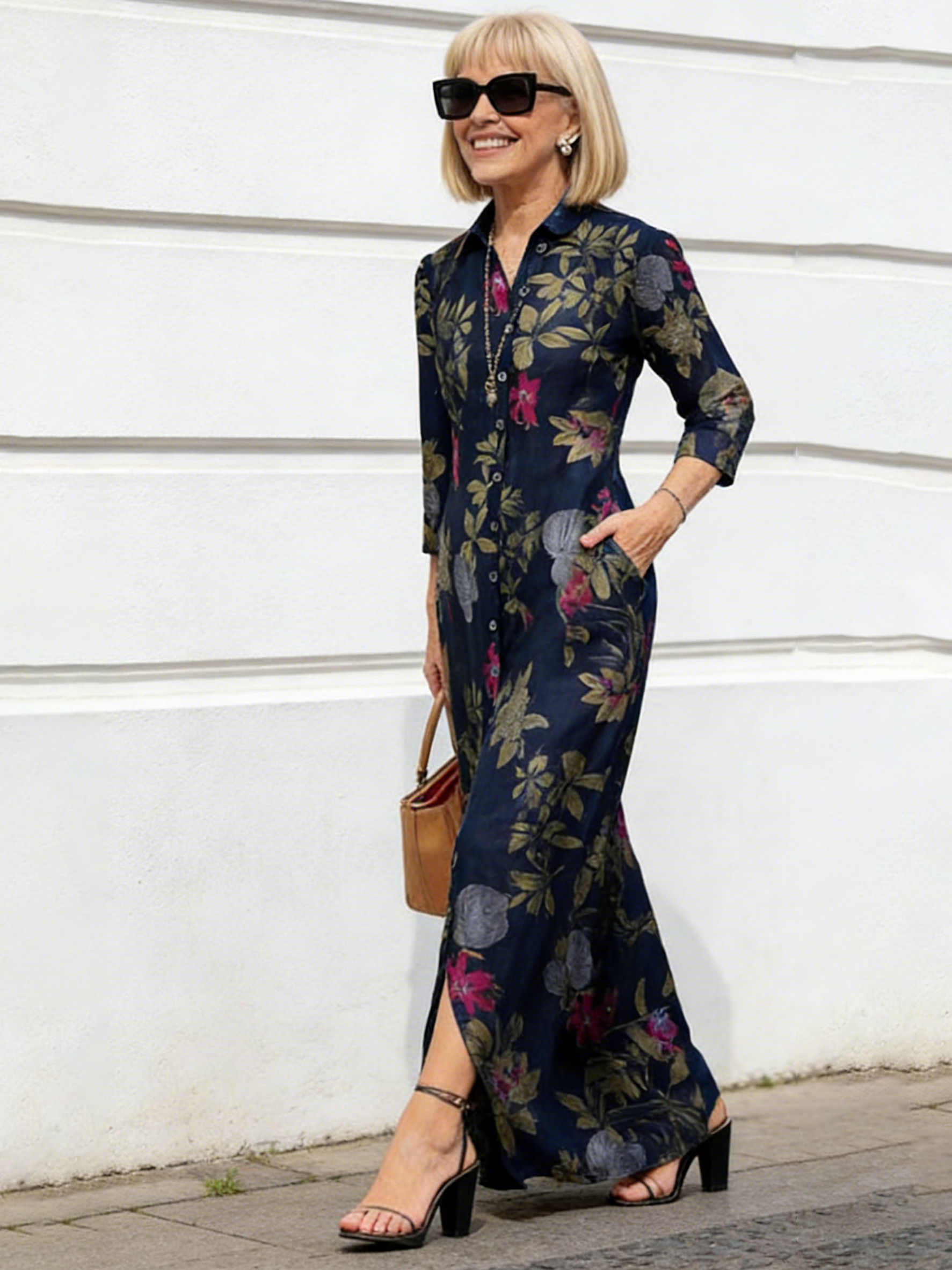 Casual Positioning Print Pocket Lapel Collar Button Long Dress