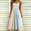 Women's Retro Rose Art Embroidery Color Block Splicing Comfortable Cotton Linen Spaghetti Strap Dress
