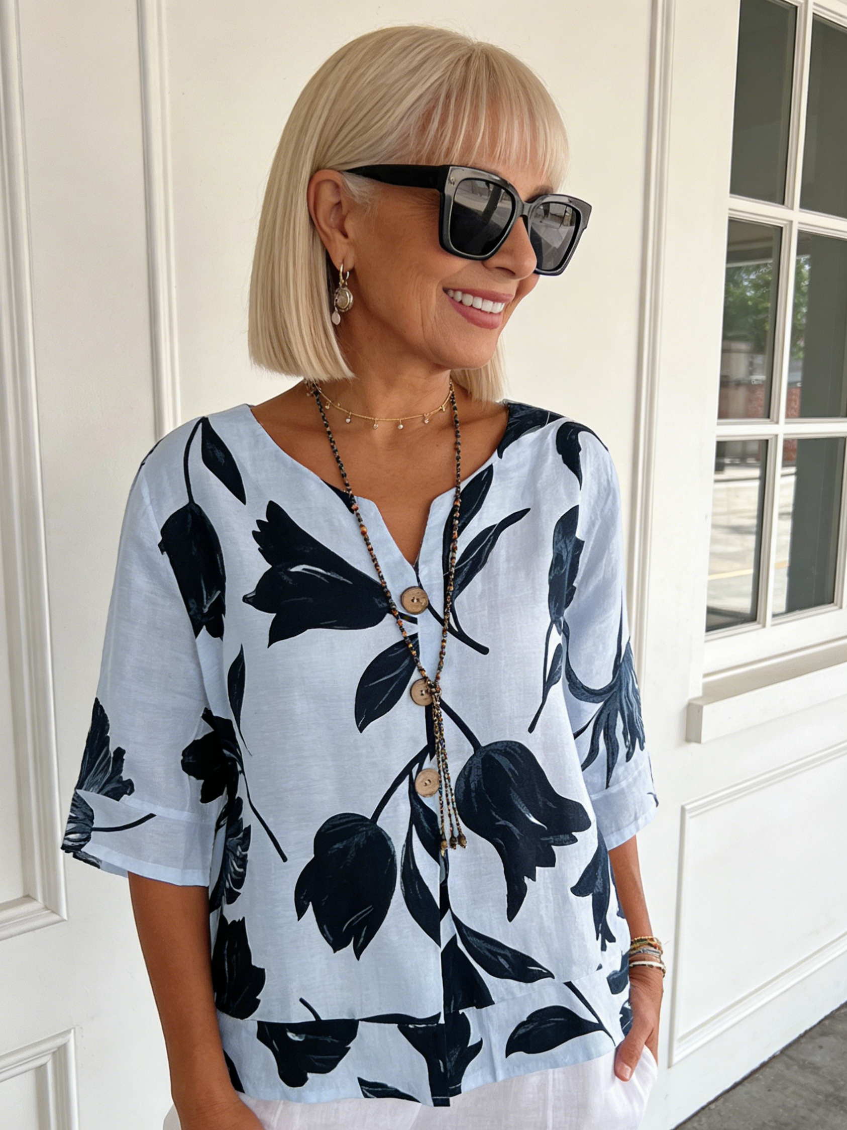 Printed V-neck Tunic Top