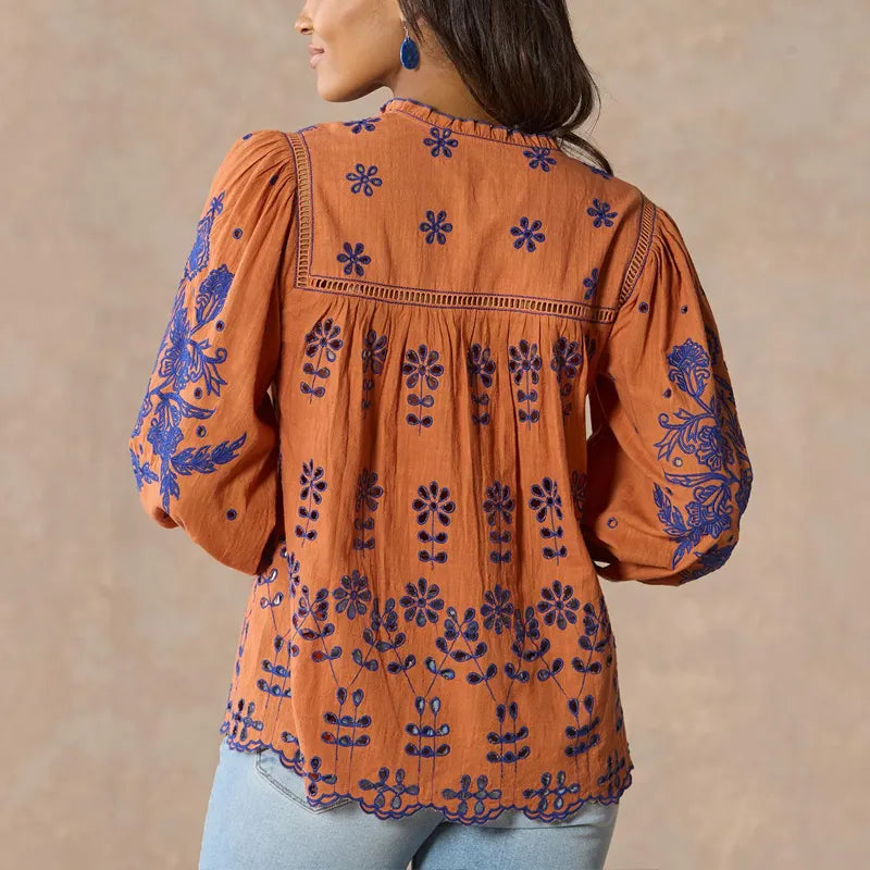 Women's Vintage Loose Bubble Sleeves Floral Embroidered Orange Top Shirt