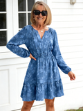 Jacquard V-neck Pullover Elastic Waist Pendulum Women's Long-sleeved Ruffle Edge Dress