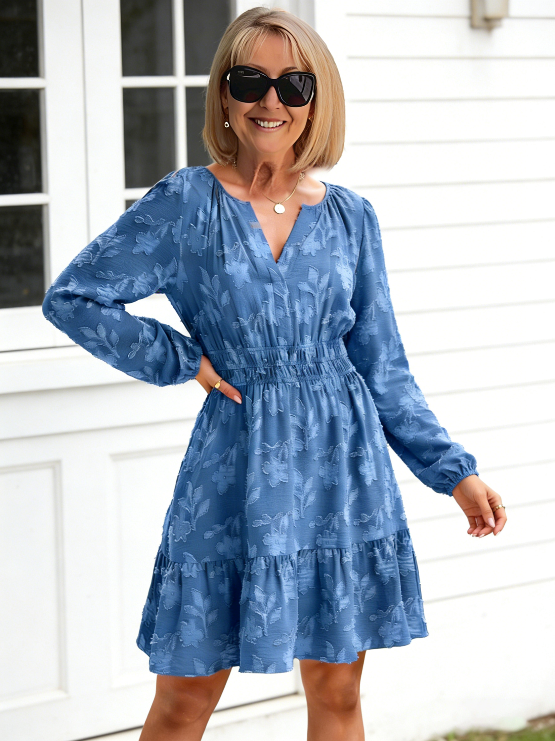 Jacquard V-neck Pullover Elastic Waist Pendulum Women's Long-sleeved Ruffle Edge Dress