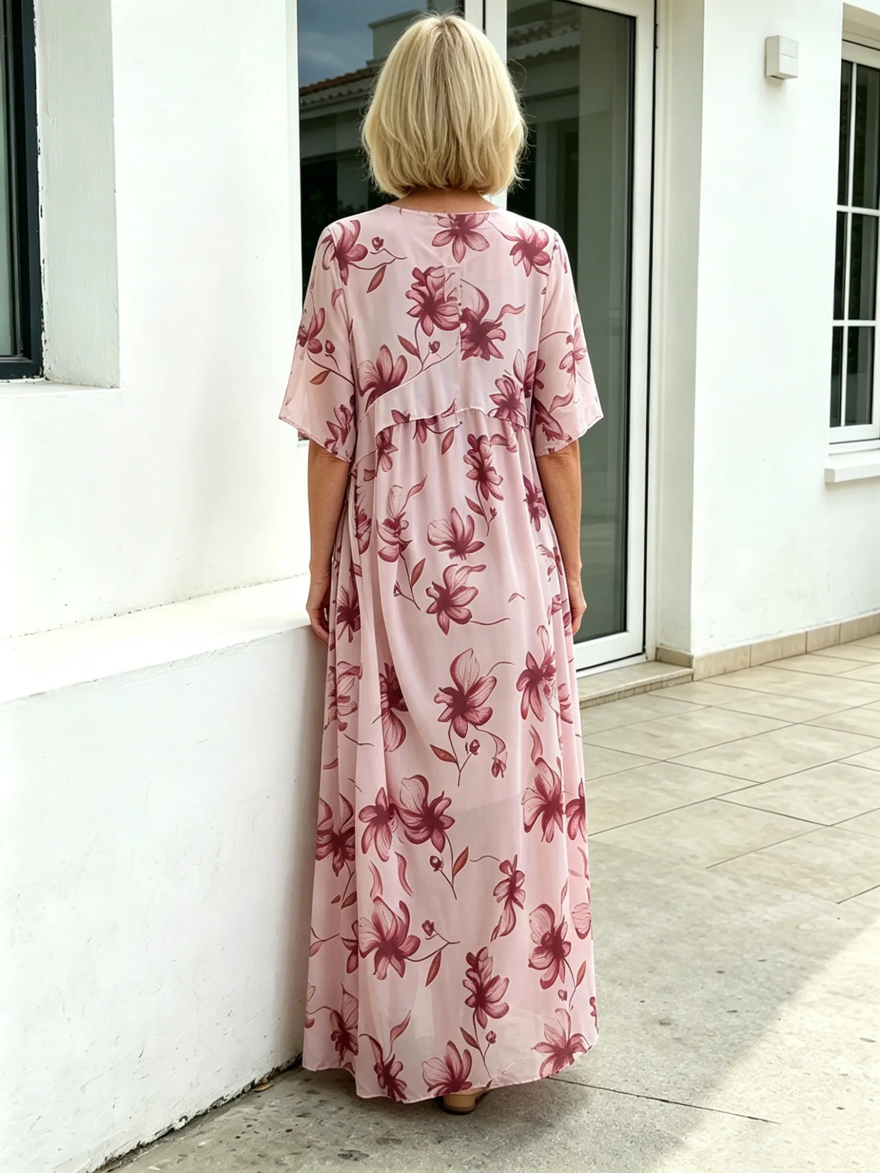Blush Pink Floral Chiffon Maxi Dress, Round Neck Short Sleeve Loose Tummy Concealing Age-Reducing Dress for Mature Women
