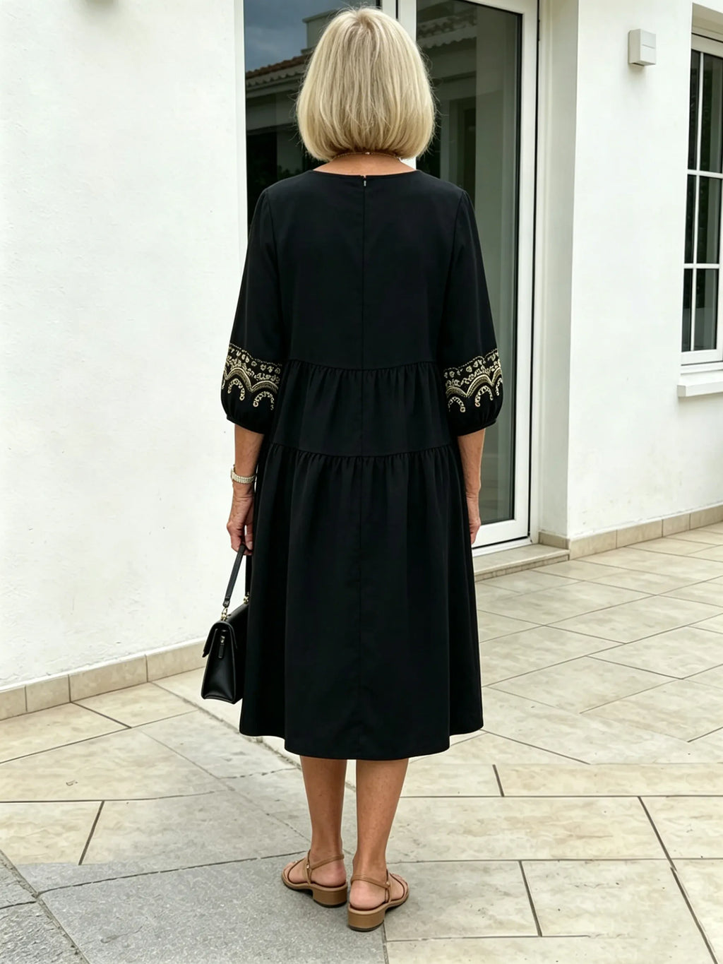 Navy Blue Tiered Midi Dress, Gold Embroidered 3/4 Sleeve Round Neck Loose Tummy Concealing Elegant Dress