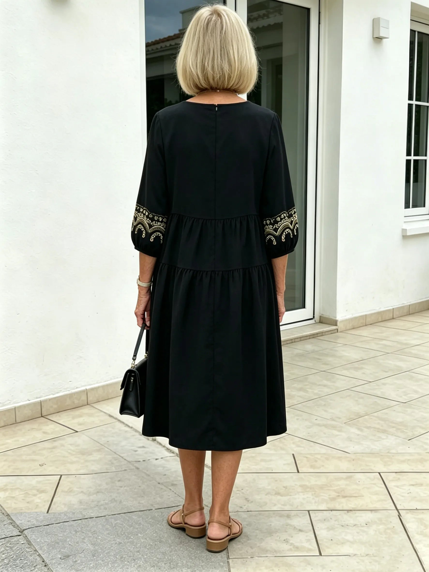 Navy Blue Tiered Midi Dress, Gold Embroidered 3/4 Sleeve Round Neck Loose Tummy Concealing Elegant Dress