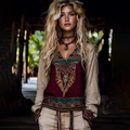 Tribal Ethnic Embroidered Linen V-neck Shirt