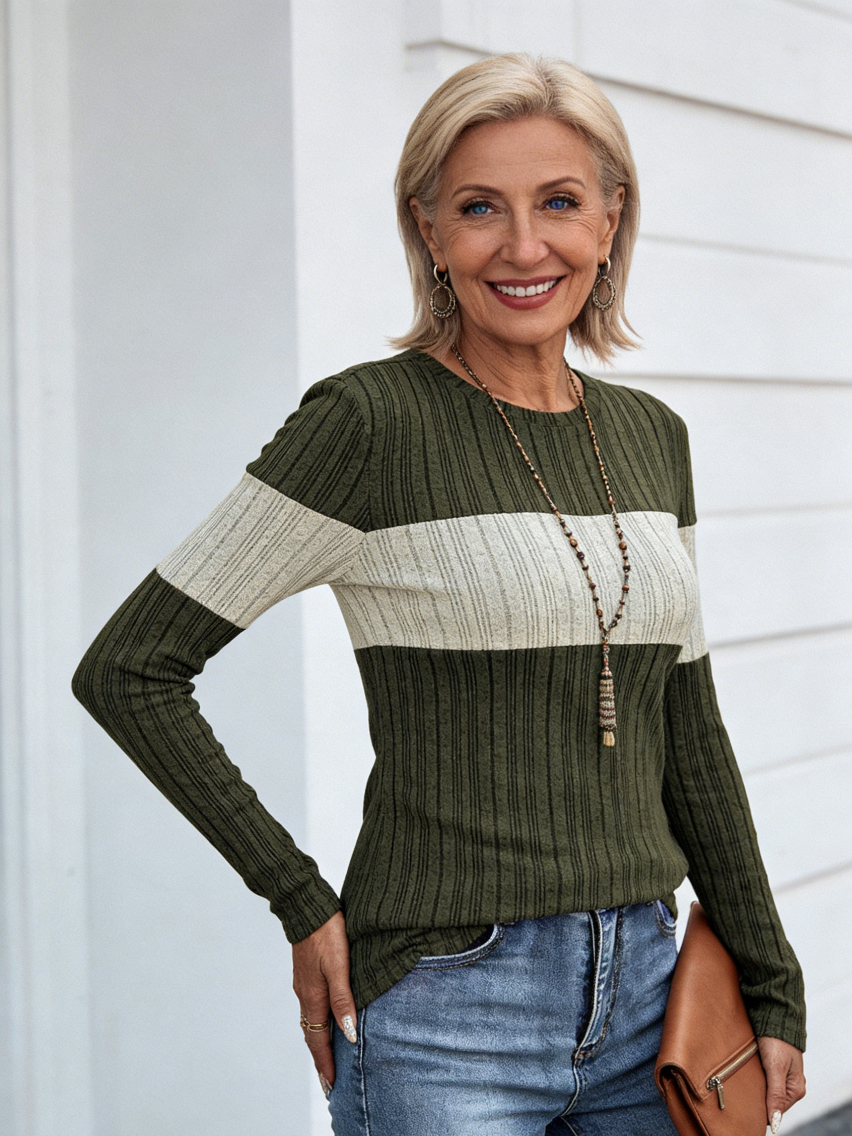 Casual Color Matching Pit Strip T-shirt Round Neck Women