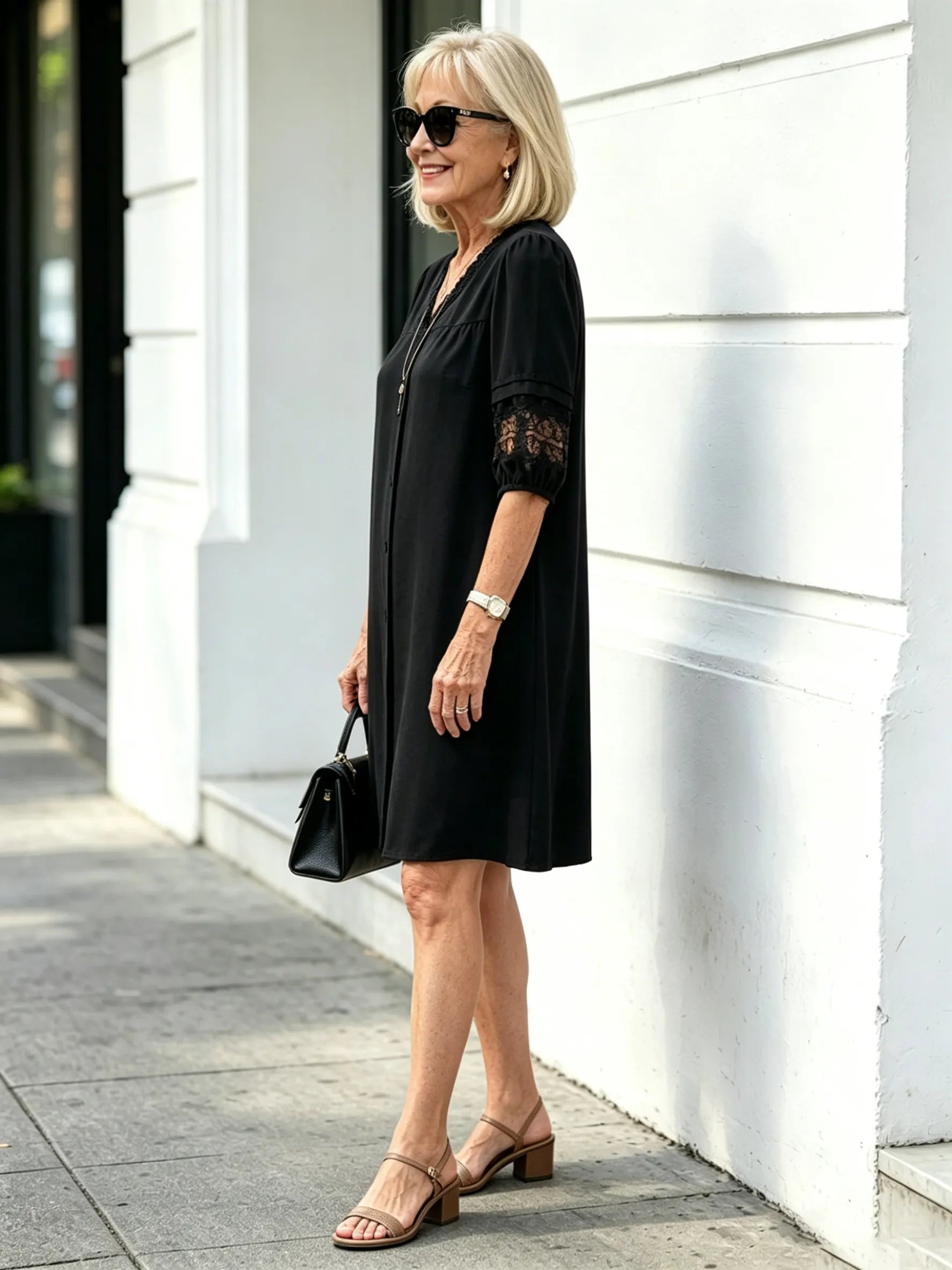 Navy Blue Lace Spliced Midi Dress, V Neck 3/4 Sleeve Loose Tummy Concealing Slimming Casual Dress for Mature Women