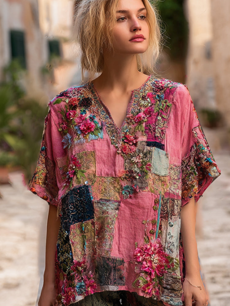 Bohemian Breast Cancer Awareness Pink Flower Patchwork V-neck Short-sleeve Top