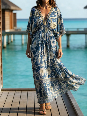 Vintage Boho Ethnic Floral Patterns Maxi Dress
