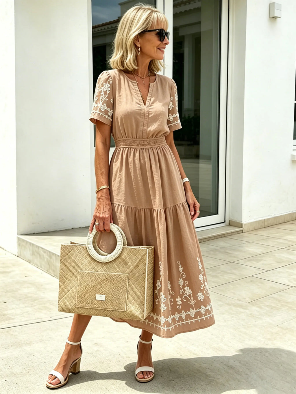Simia Floral Short-sleeved Dress V-neck A-shaped Skirt