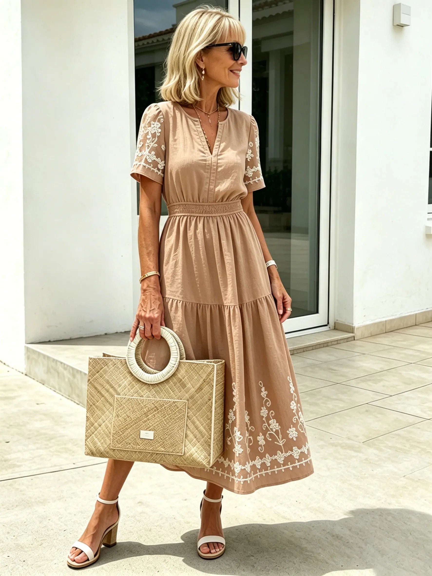 Simia Floral Short-sleeved Dress V-neck A-shaped Skirt