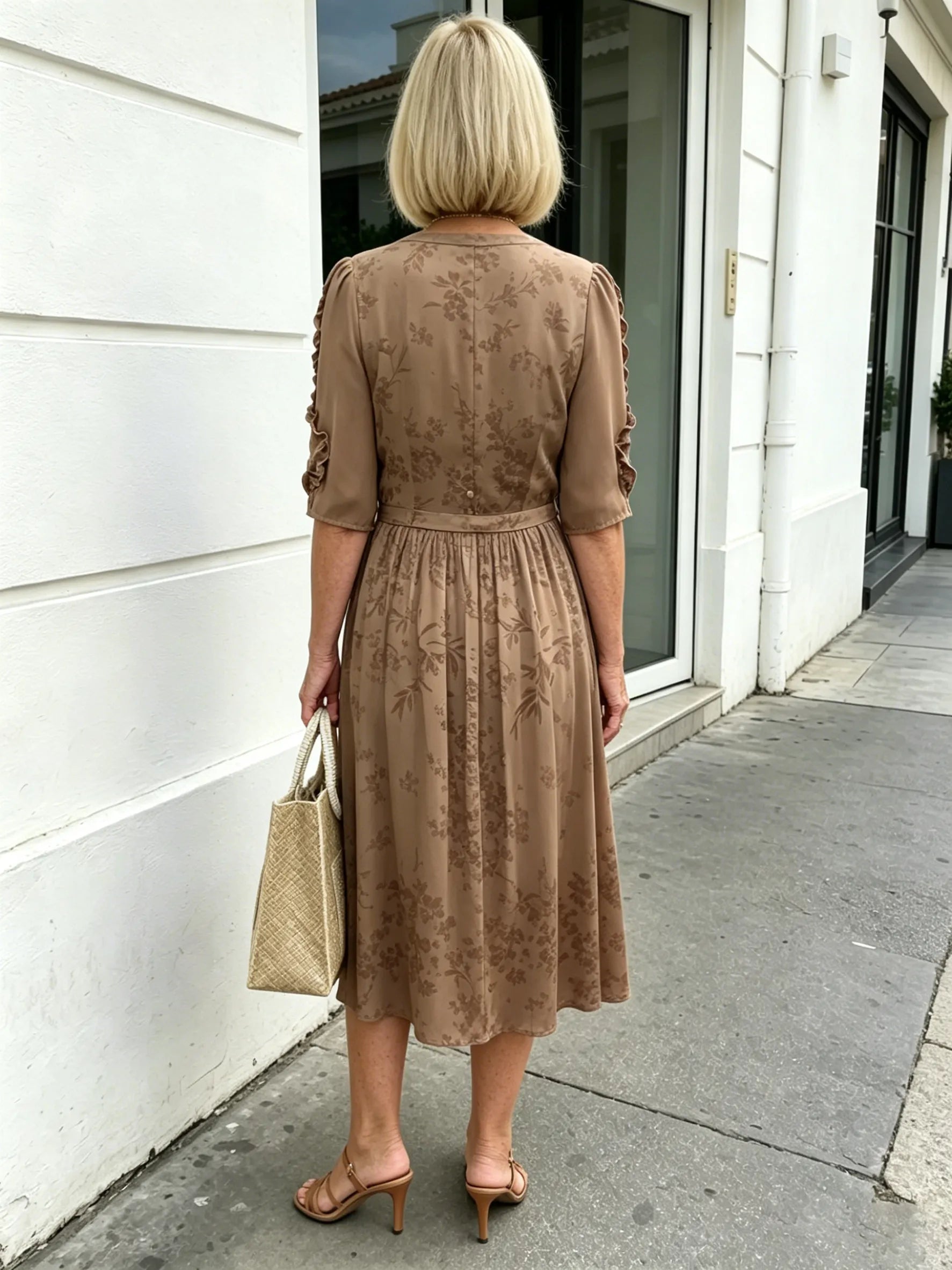 Coffee Brown Floral Print Midi Dress, Split Neck Button Front Ruffle 3/4 Sleeve Tie Waist Slimming Dress for Mature Women