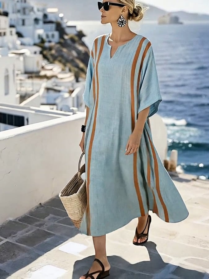 Women'S Casual Color-Block Cotton And Linen Dress