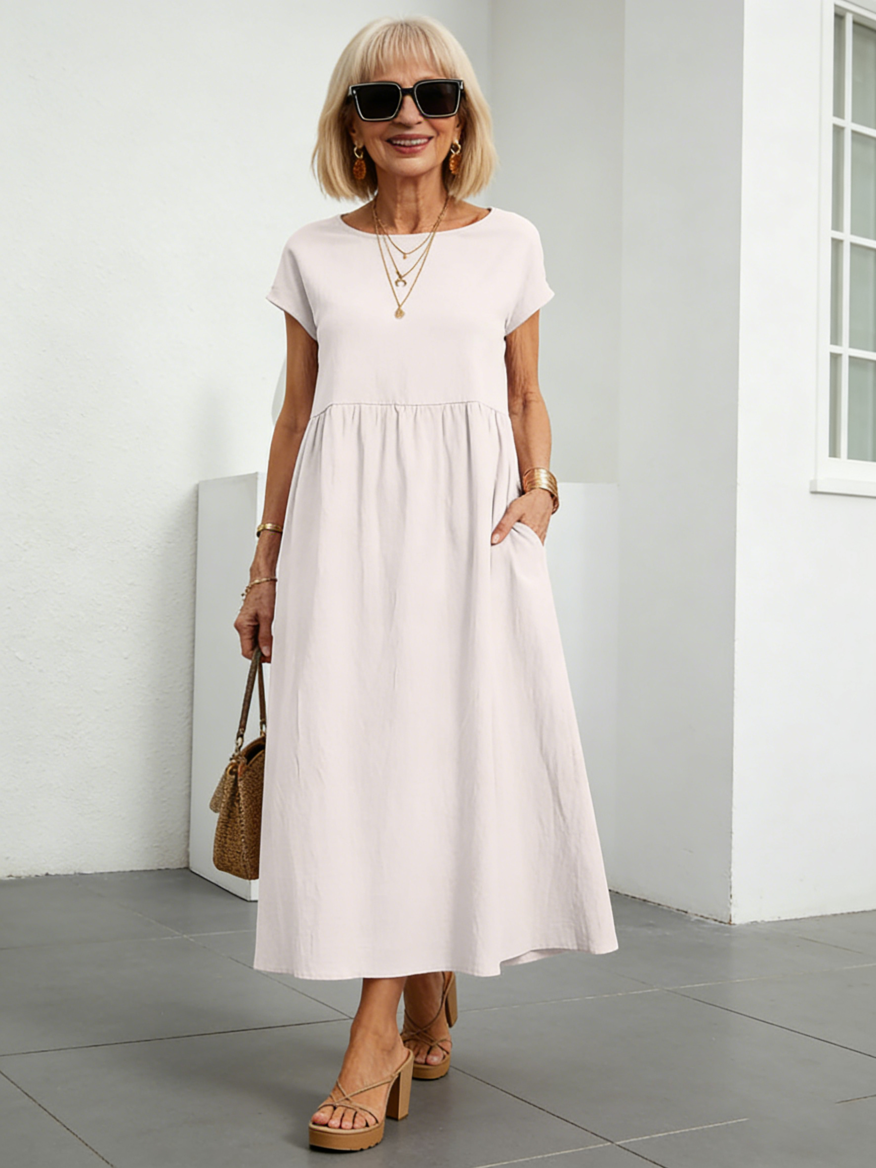 Solid Color Linen Round Neck Fitted Dress