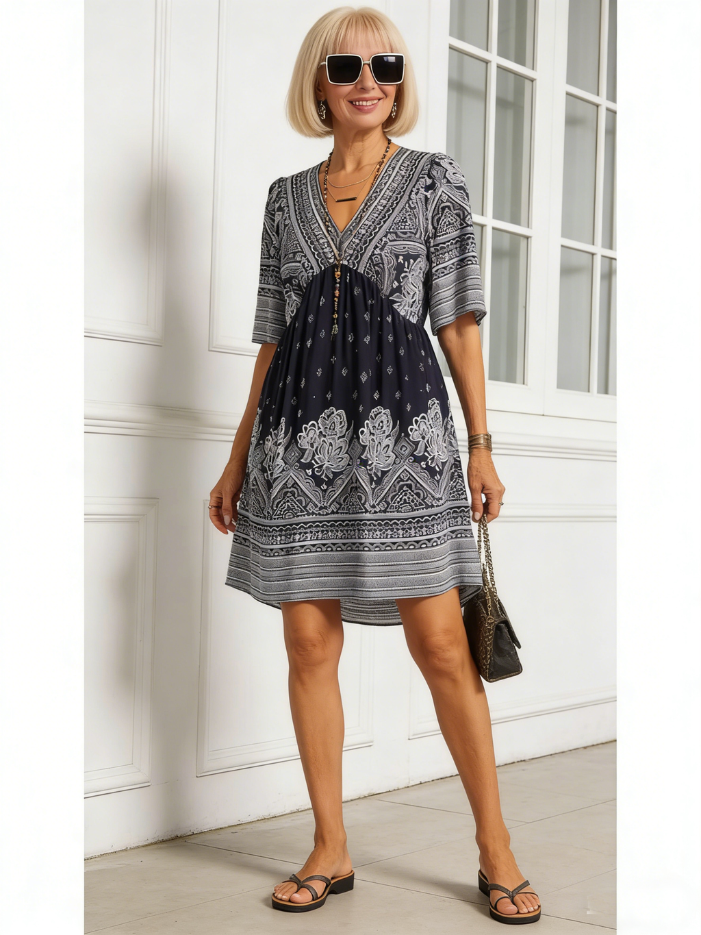 Vacation Deep V Print Casual Ethnic Style Dress