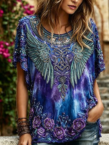 Women's Vintage Romantic Floral And Wings Art Linen Blend Short Sleeve Tops