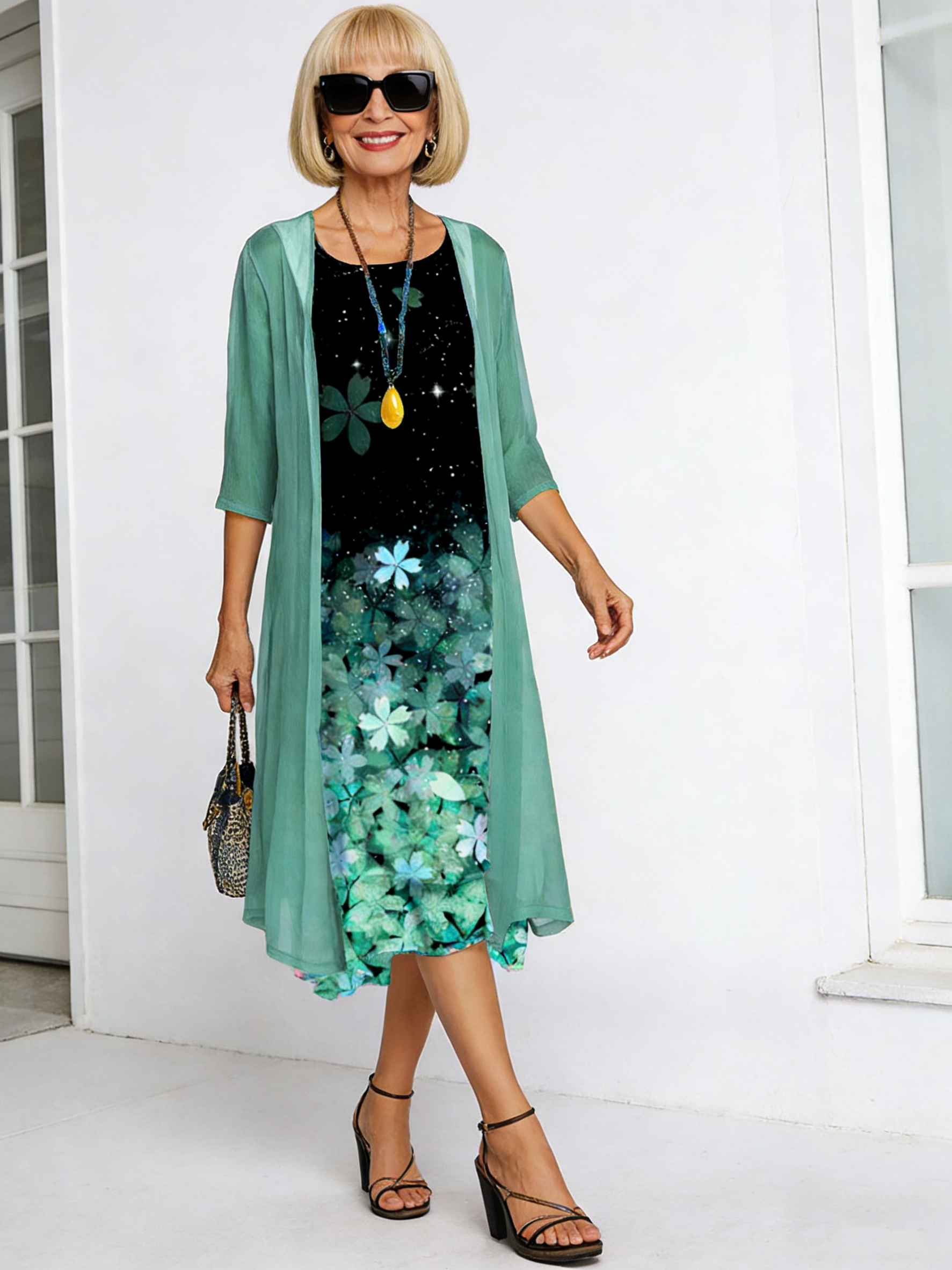 Long Dress Two-piece Flower and Plant Print Crew Neck Dress Coat Women
