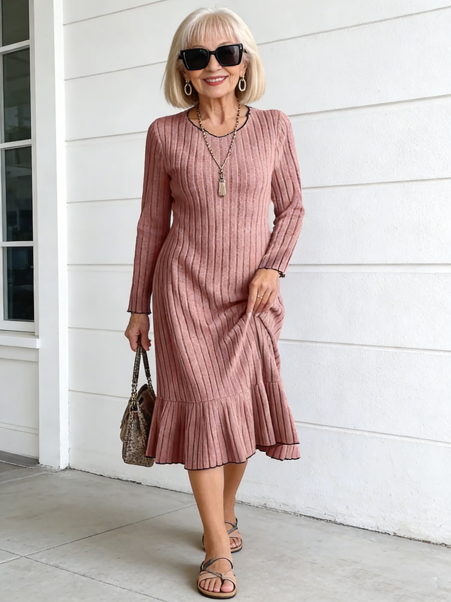 Dress Long Sleeves Solid Color, Fungus Edge Fashion Women's Clothing