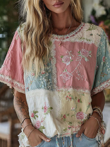 Women's Boho Floral Patchwork Embroidery Print Round Neck Linen Blend T-shirt