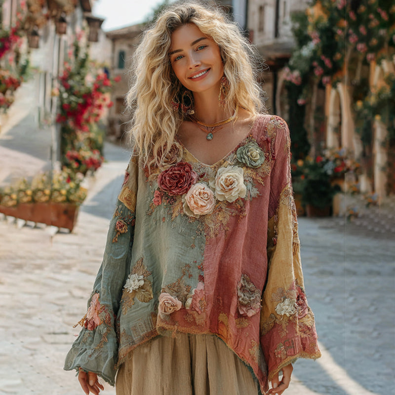 The Ice Cream Collection Women's Classic Bohemian Floral And Rose Gradient Linen Long Sleeve Shirt