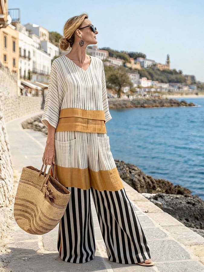 Women'S Casual V-Neck Printed Wide-Leg Pants Set