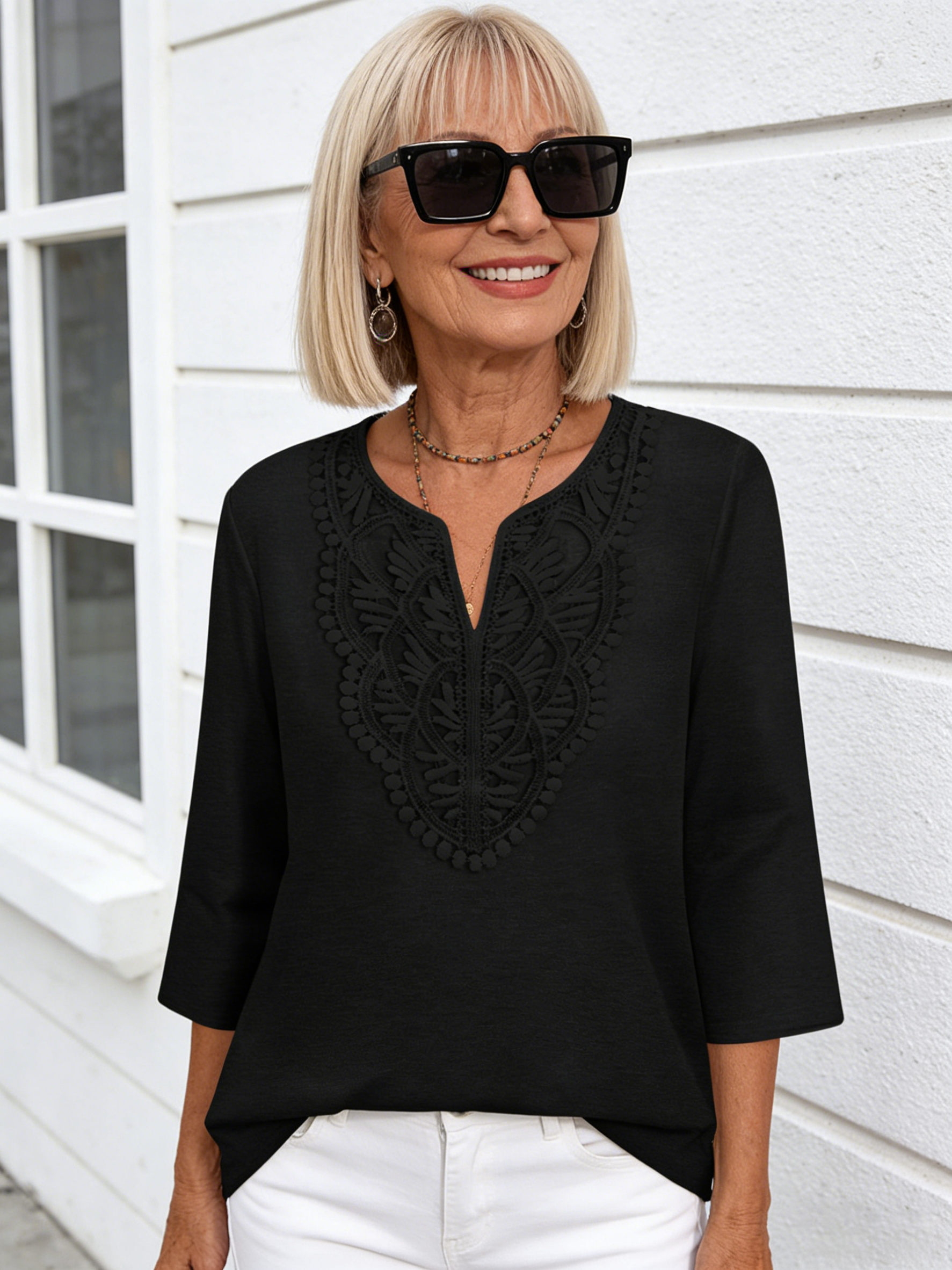 V-neck Lace Splicing Loose Women's Solid Color Seven-quarter Sleeve T-shirt Top Solid Color