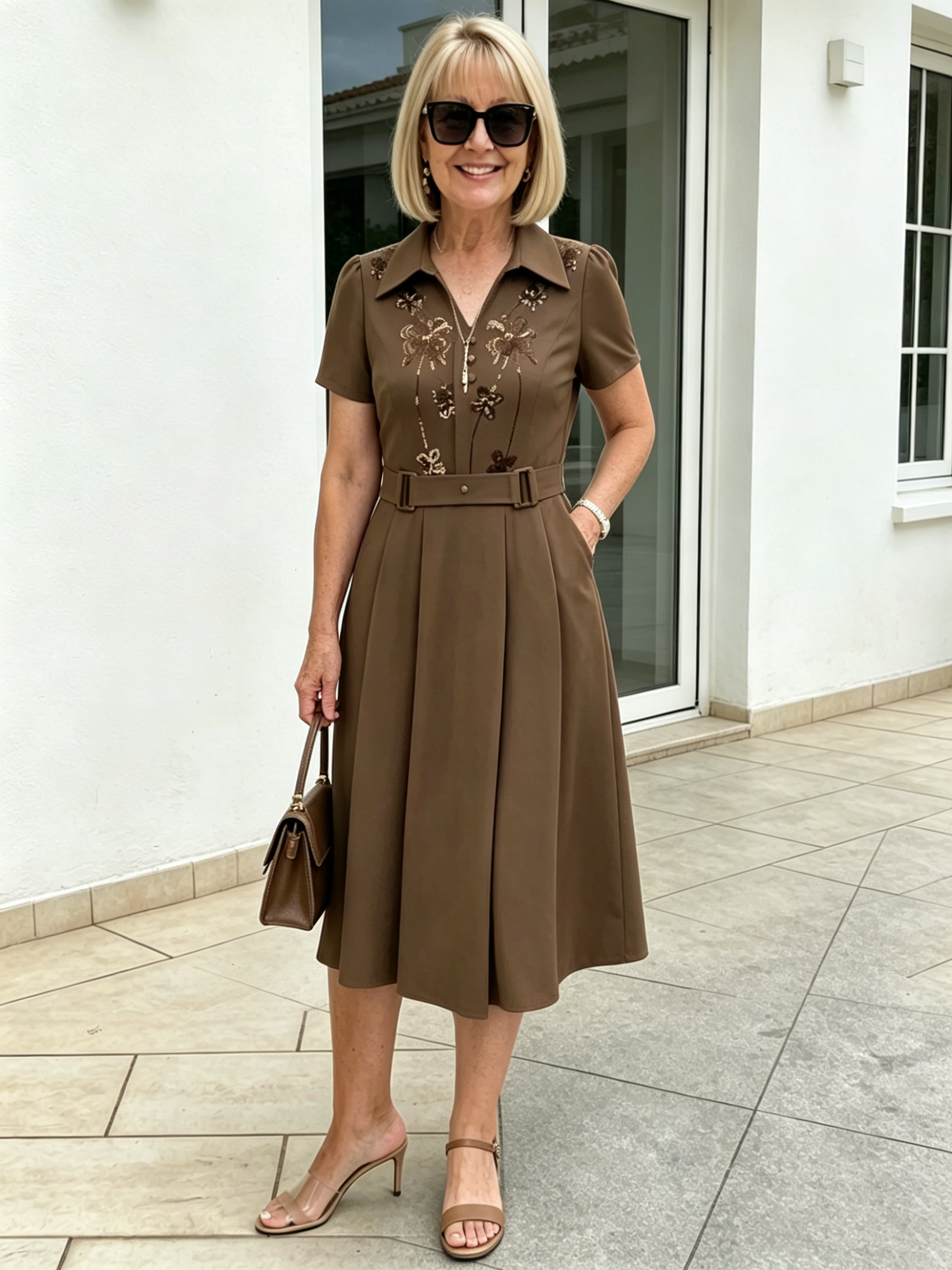 Brown Collared Sequin Embellished A-Line Midi Dress, Belted Waist Short Sleeve Elegant Dress for Mature Plus Size Women