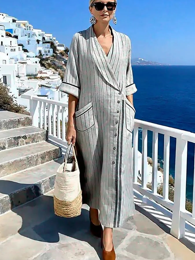 Women'S Casual Color-Block Cotton And Linen Dress
