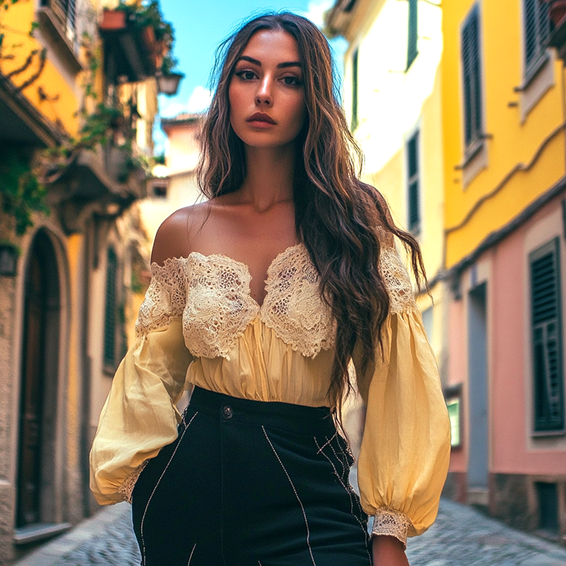 Women's Elegant Lace-Trimmed Off-Shoulder Top With Chain Detail