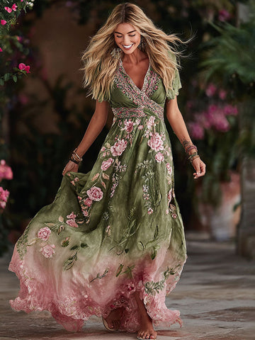 Women's Boho Floral Ombre Cotton Linen Maxi Dress