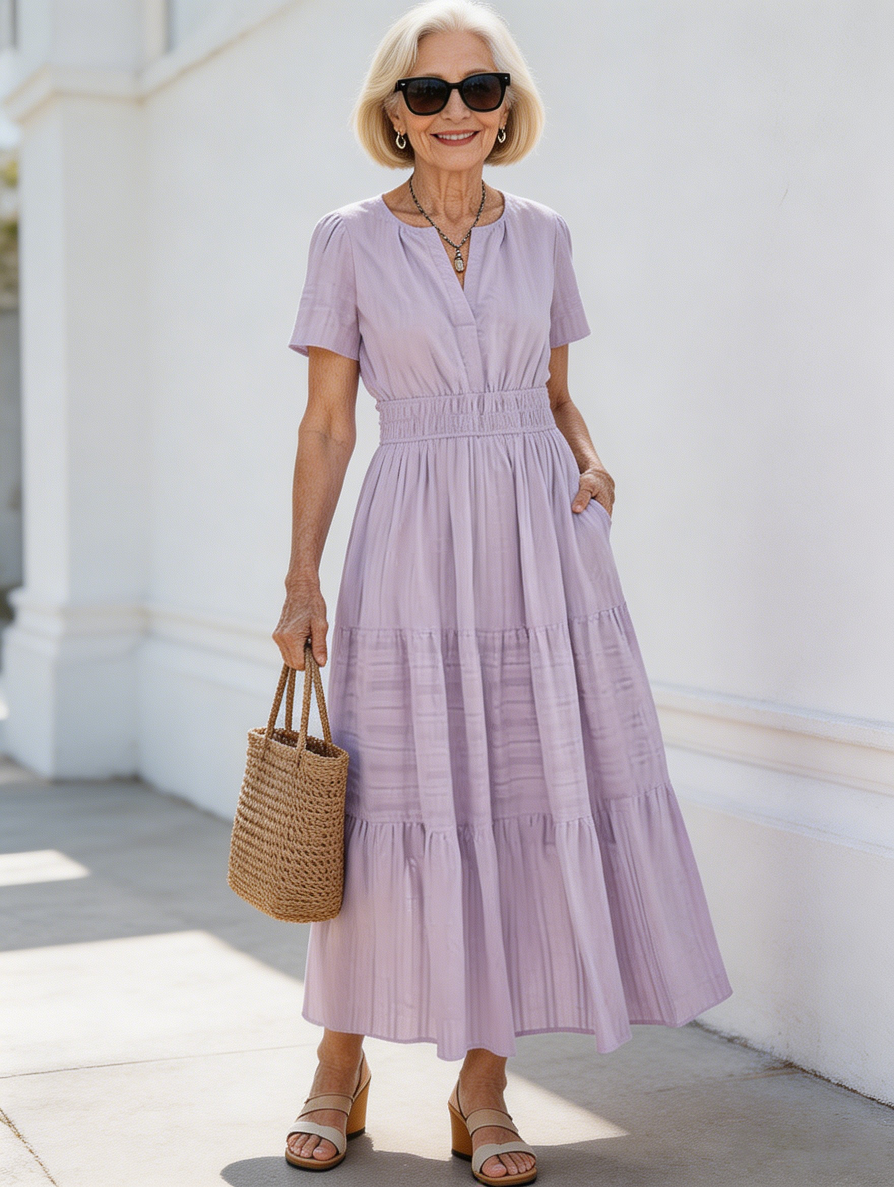 Cotton Fashion V-neck Pleated Bubble Sleeves Layered Pendulum Dress Women