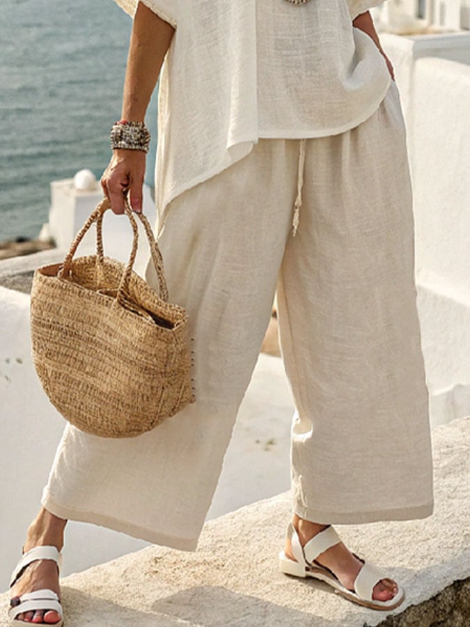 Women's Vacation Round Neck Short Sleeve Solid Color Loose Top Pants Cotton and Linen Suit