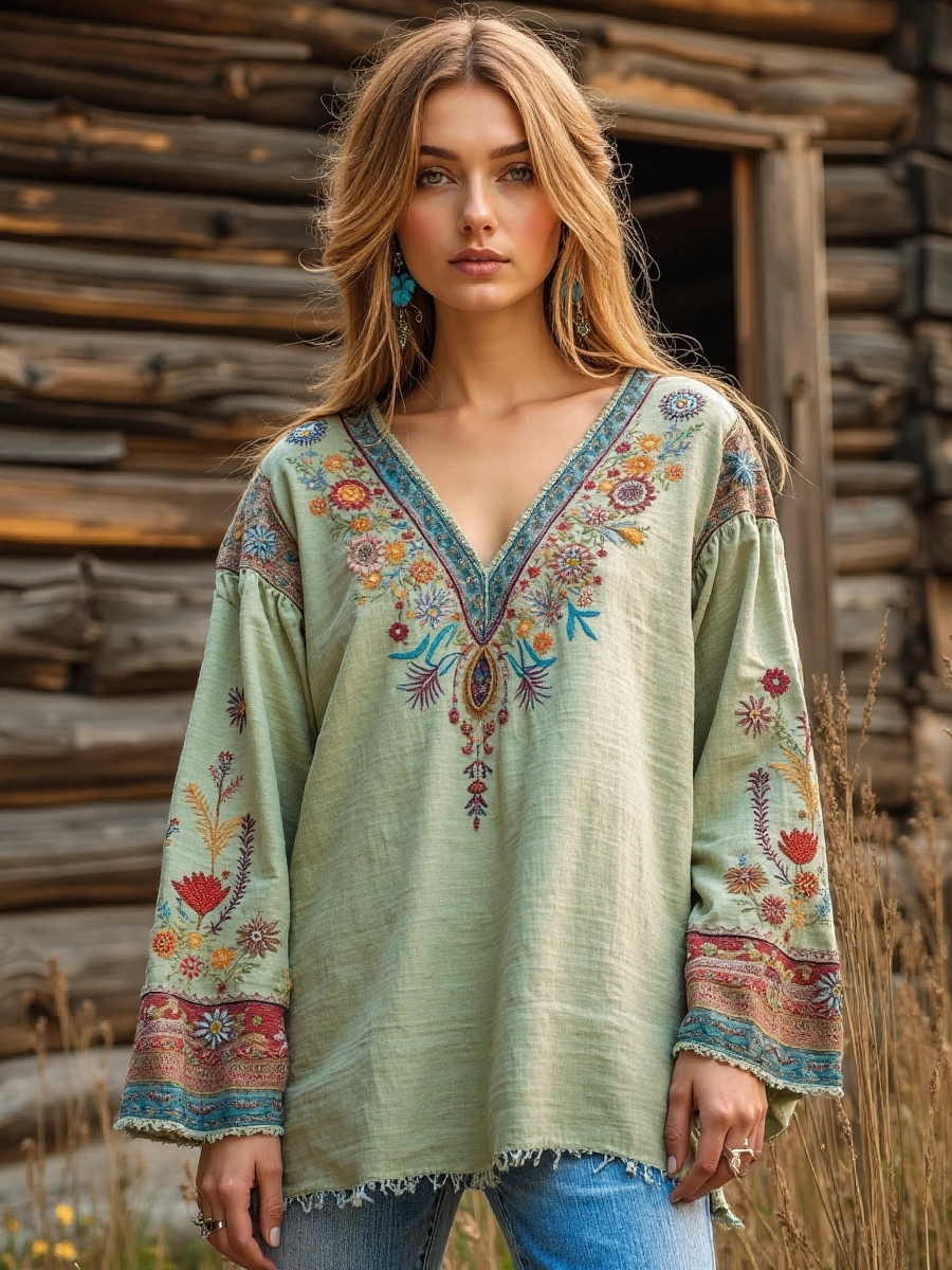 Retro Bohemian Tribal Art Embroidery Print Cotton And Linen V-neck Loose Shirt