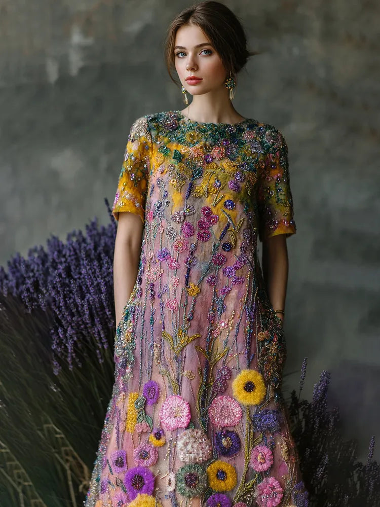 Women's Elegant Oil Painting Floral Sequined Maxi Dress