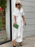 Waist Short Sleeve Single-breasted Solid Color Shirt Dress Women