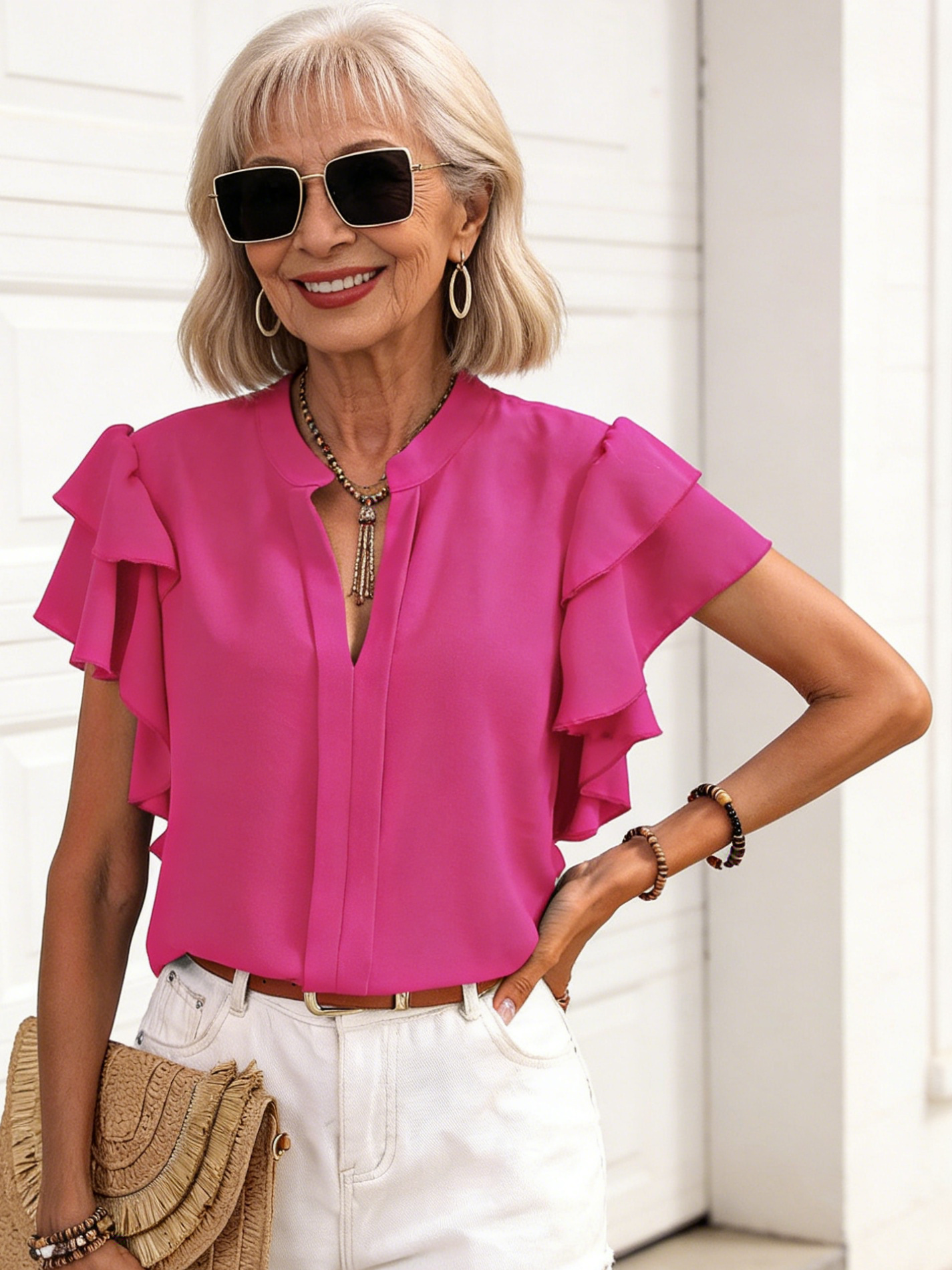 V-neck Casual Double-layer Lotus Leaf Sleeve Solid Color Shirt Top